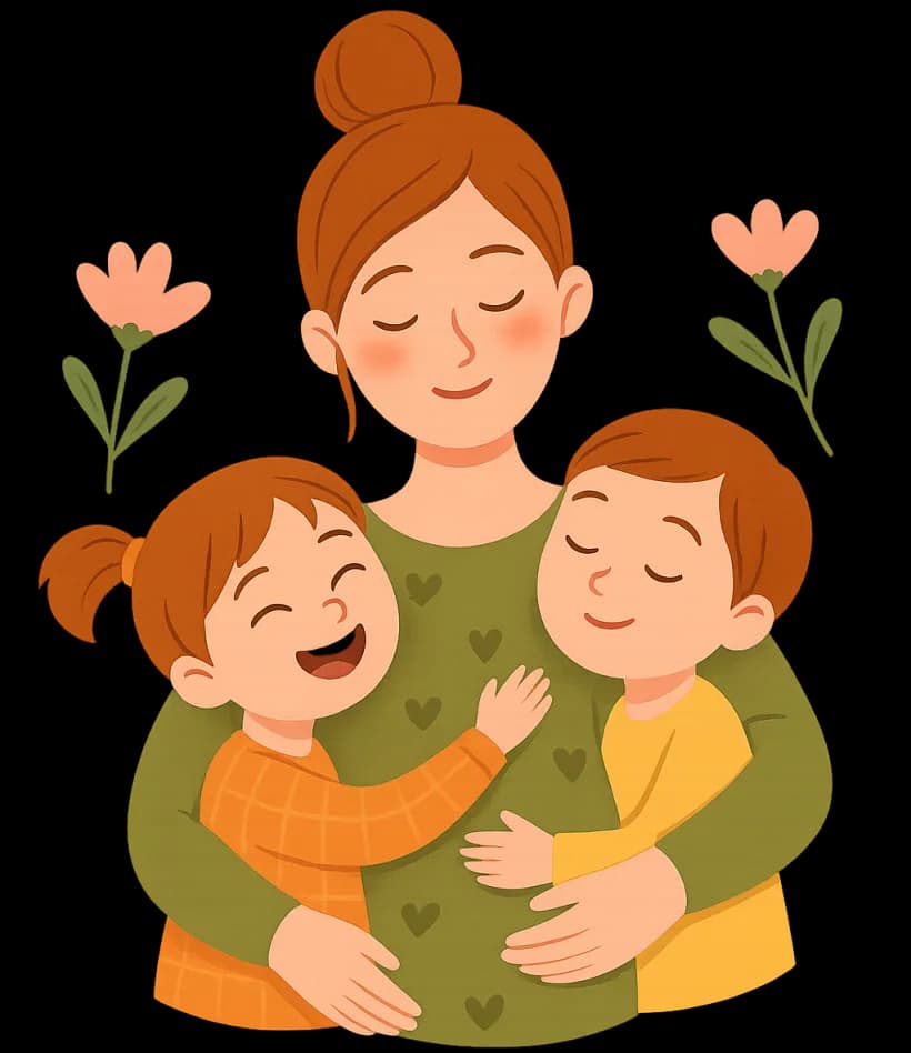 Uma mãe grávida abraçada pelos dois filhos, todos de olhos fechados e sorrindo.